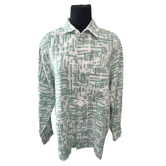 TED BAKER Men’s Linen Shirt Abstract Green Gray Print Button Down | Size 4 Large - Picture 2 of 6